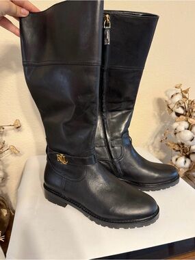 Ralph Lauren Black Leather Knee-High Riding Boots with Gold RL Accent
